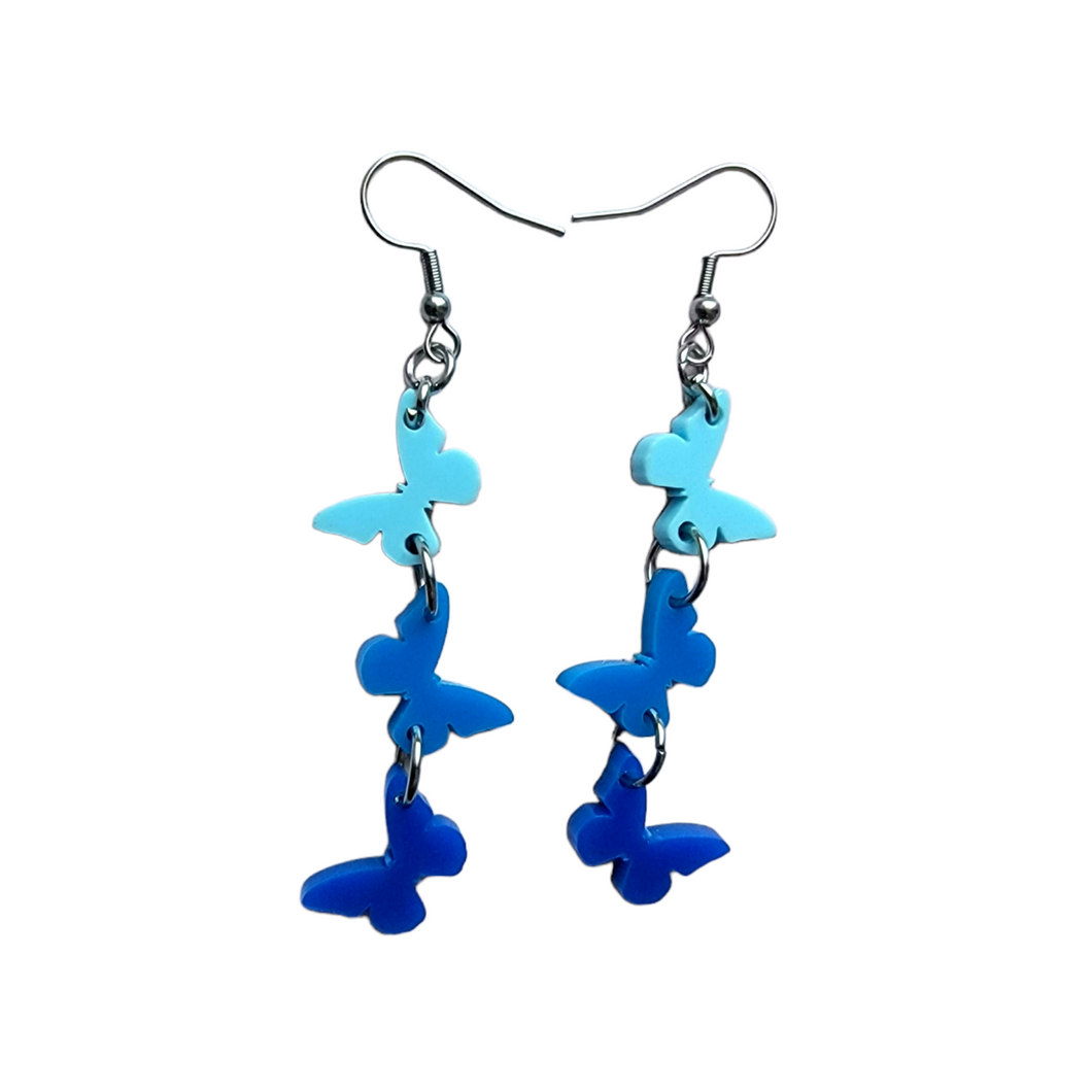 cute whimsical triple blue ombre butterfly earrings