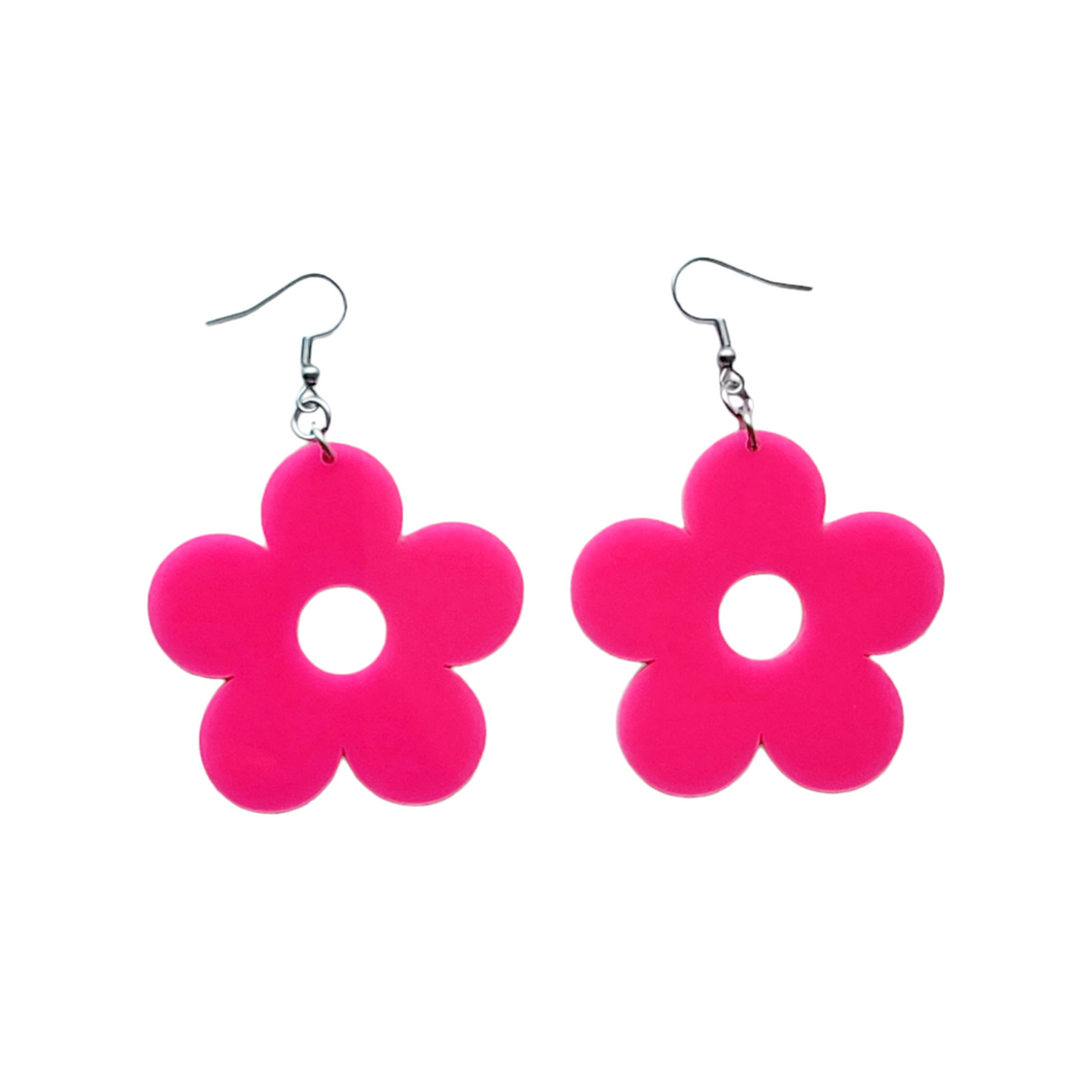 fun hot pink large retro floral earrings