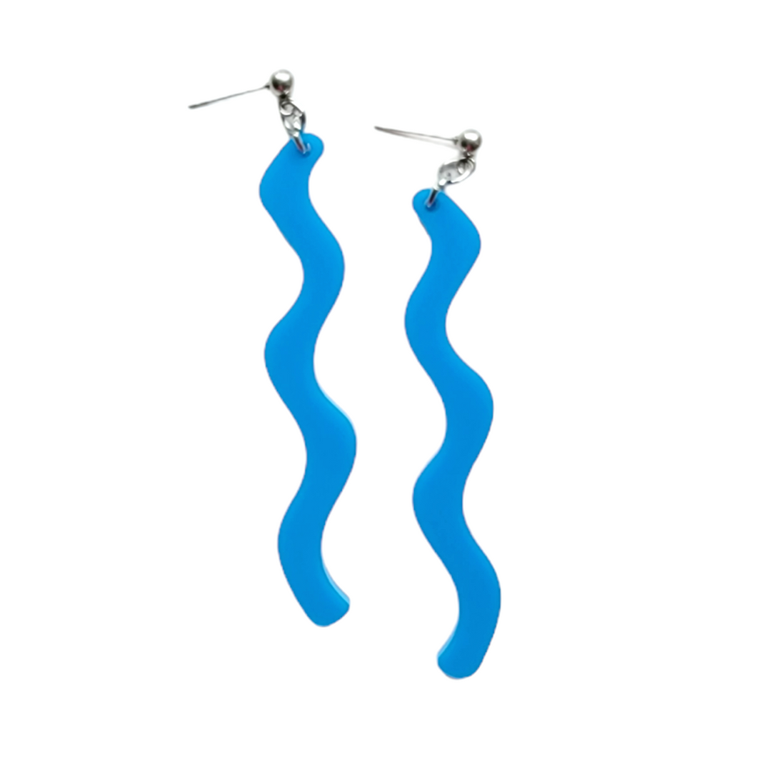 Funky wavy blue dangle earrings with stainless steel posts