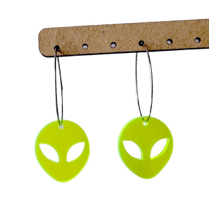 light green fluorescent alien head hoop earrings