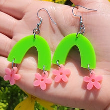 Load image into Gallery viewer, pink flowers hanging from light green arch earrings