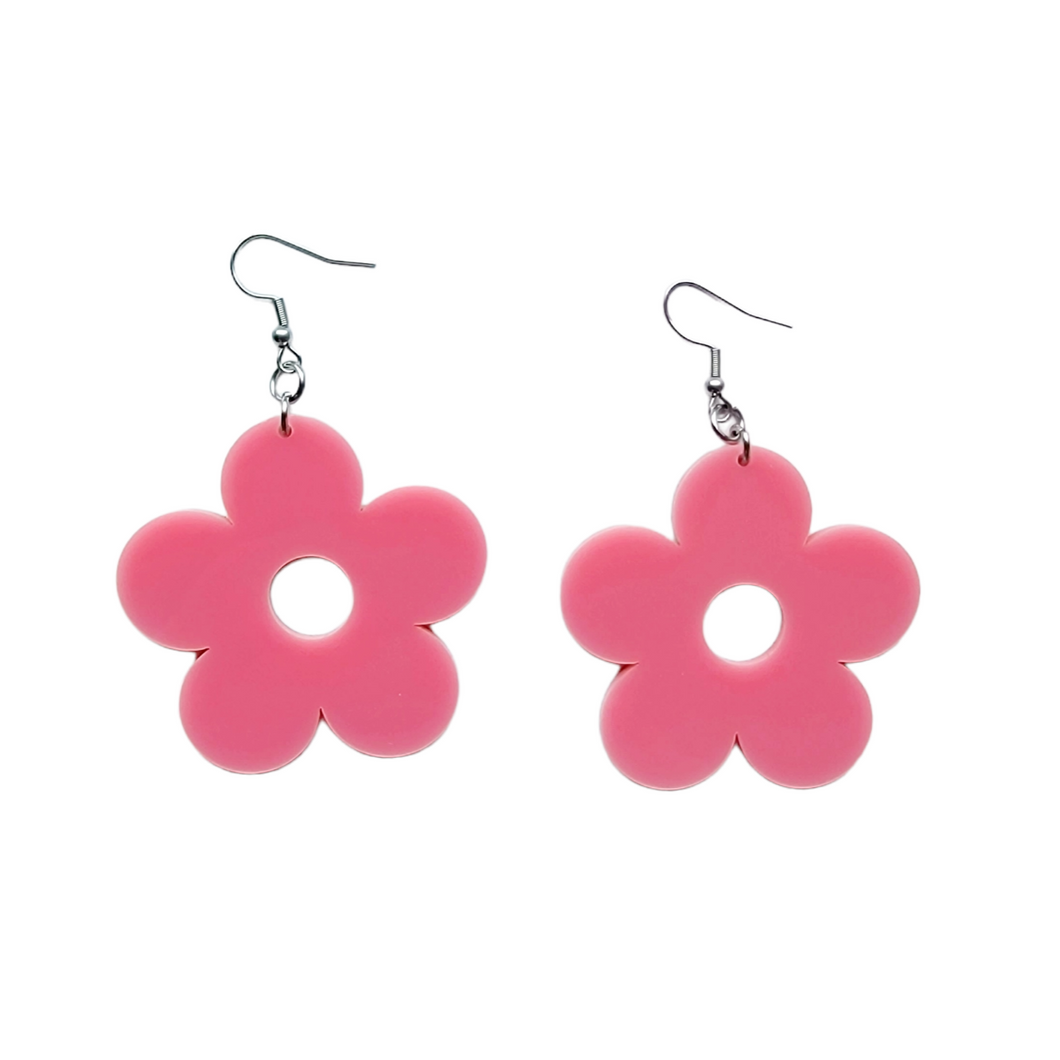 prretty pink large retro floral earrings with stainless steel hooks