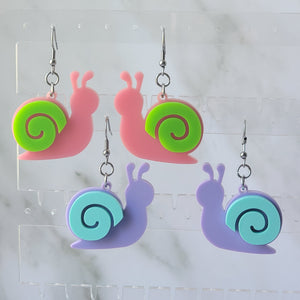 cute snail earrings in pink/green and lavender/mint.