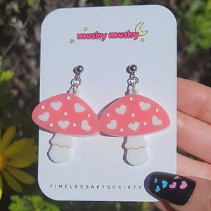 Pink Heart Mushie Earrings (2 sizes)